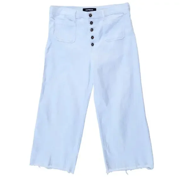 Express White High-Rise Wide Leg Cropped Stretch Plus Pant 14 Raw Hem Button Fly - Picture 1 of 8